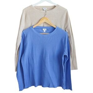 Lot of 2 J.Crew Waffle Knit Long Sleeve Tee Women Large Blue Beige Bunlde